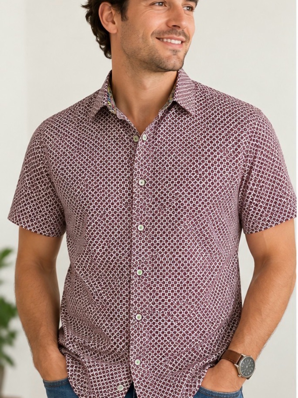 Denim & Flower Ricky Singh Men’s S Burgundy Geometric Cotton Button Up Shirt